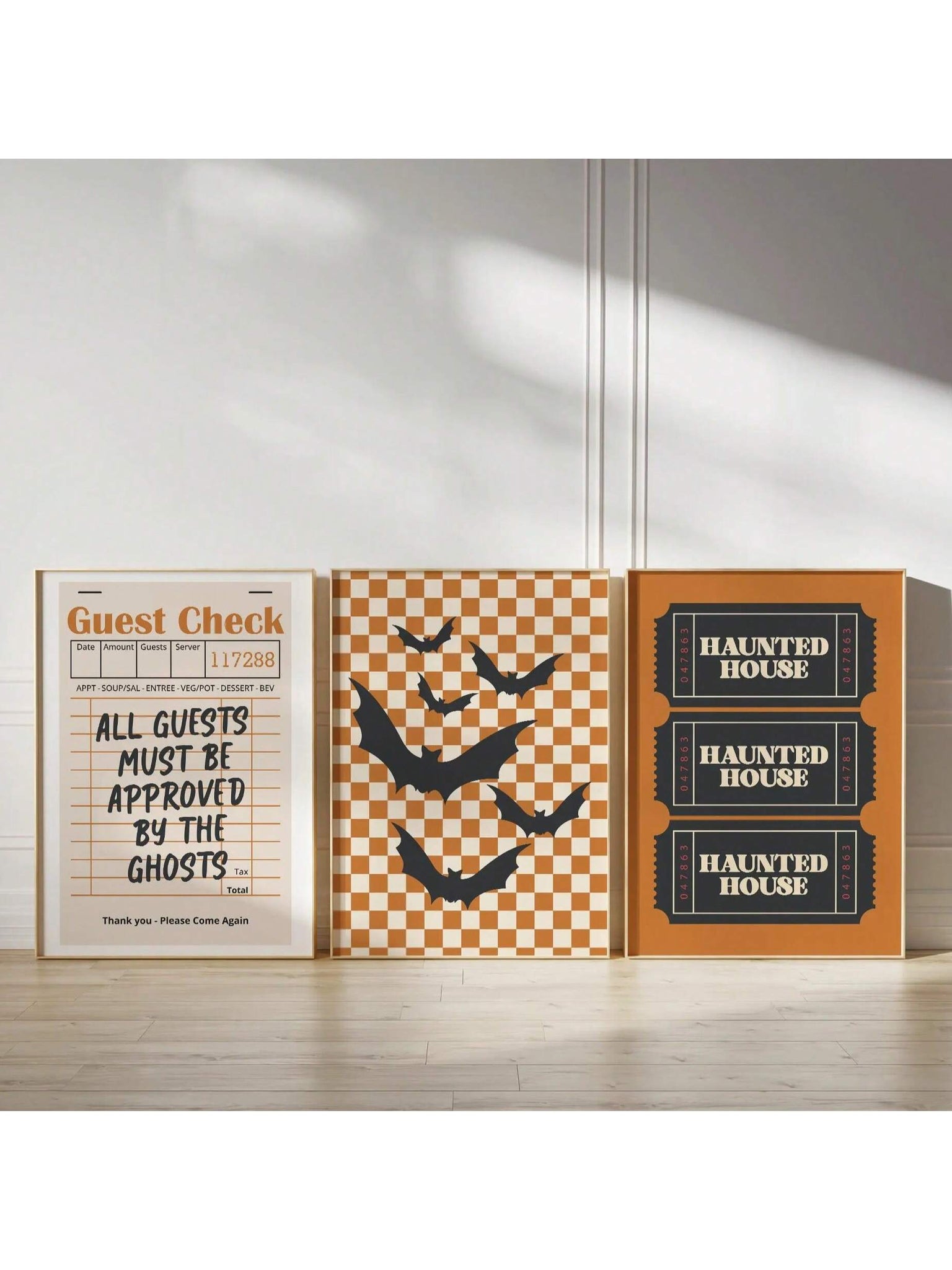 Elevate your Halloween decor with this expertly curated 3-piece wall art set featuring a haunted house, flying bats, and vintage guest check prints. Designed to create a spooky yet stylish atmosphere, these prints bring a festive touch to any room. Perfect for those who appreciate detailed, thematic art that enhances seasonal ambiance with subtle sophistication.