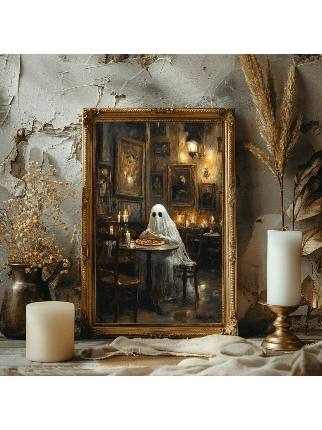 Celebrate the spirit of fall with this vintage-style Halloween art poster featuring a spooky ghost enjoying a slice of pizza. Its unique design adds a playful yet eerie touch to your seasonal decor, making it an ideal wall accent for Halloween parties and autumn gatherings. Crafted to evoke nostalgia while enhancing your festive atmosphere, this poster is perfect for those who appreciate classic Halloween charm with a modern twist.