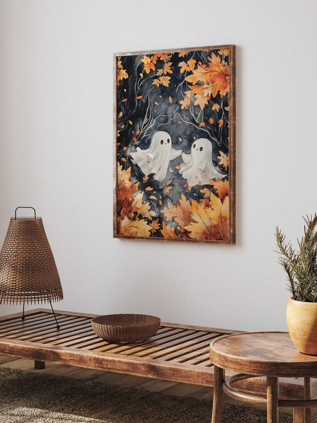 Celebrate the spirit of fall with this Spooky Ghost Wall Art, featuring a unique blend of Halloween charm and autumnal maple leaf motifs. Perfect for adding a festive touch to your home or office, this poster combines seasonal imagery with expert design to create an inviting yet eerie atmosphere. Its high-quality print ensures vibrant colors and sharp details, making it an ideal centerpiece for your Halloween decor collection. Elevate your seasonal decorations with this sophisticated and thematic wall art.