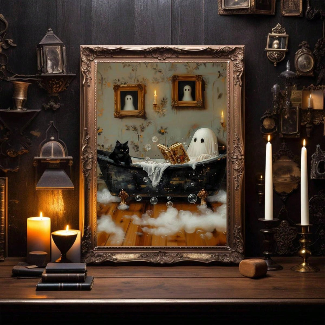Experience a spooky and serene reading experience with our Ghostly Reading in the Bathtub Poster. Featuring a whimsical black cat, this Halloween home decor is the perfect addition to your spooky season. Add a touch of mystery and charm to your space with this unique and enchanting poster.
