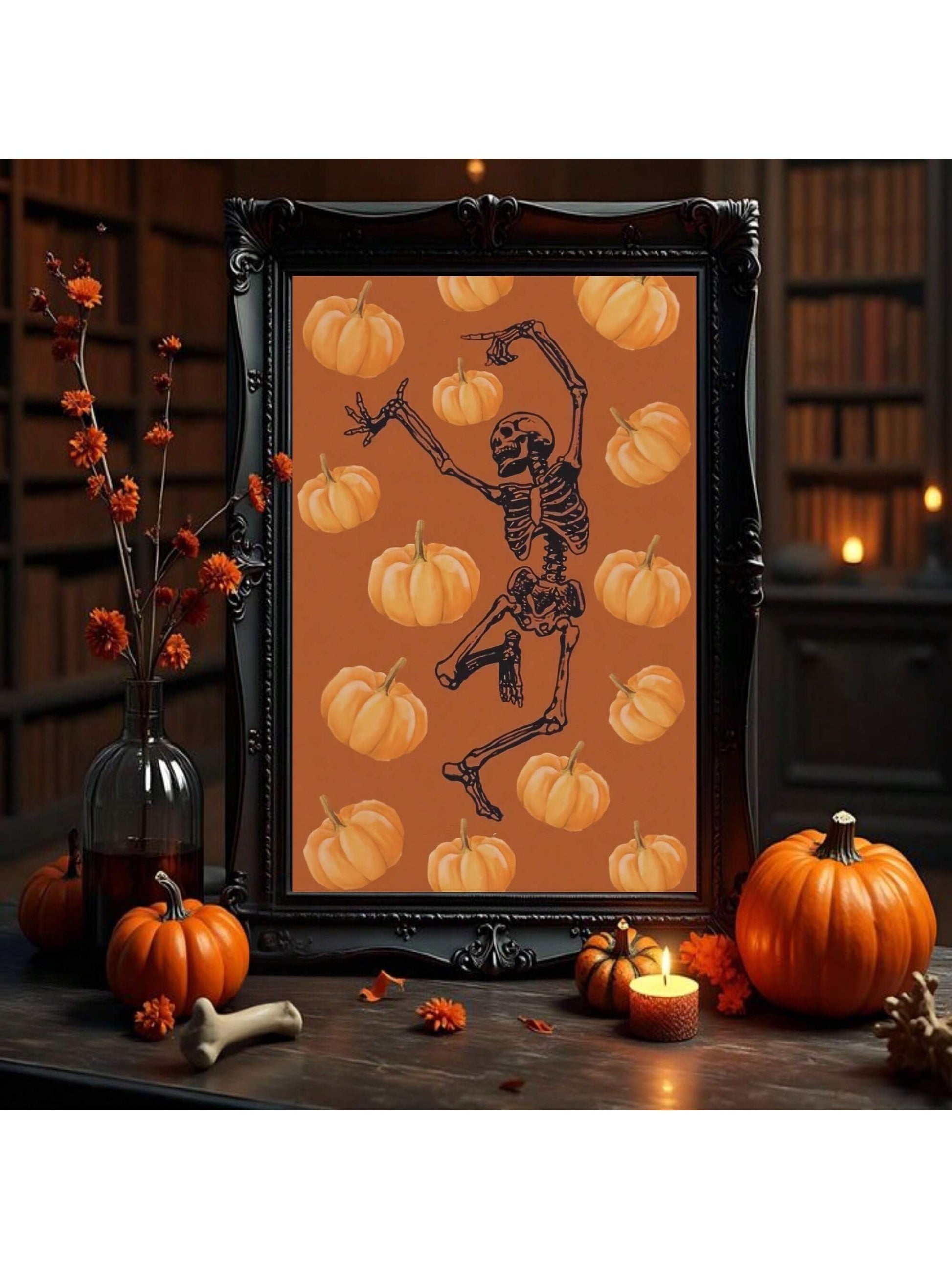 Elevate your Halloween decor with this expertly crafted Spooky Skeleton and Pumpkin Canvas Art. Perfectly designed for both home and office settings, this piece adds a festive yet sophisticated touch to your walls. Its vivid imagery captures the eerie charm of Halloween, making it an ideal seasonal accent that blends seamlessly with various interior styles. Durable and easy to hang, this canvas art transforms any space into a captivating celebration of the spooky season.