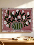 Spring floral canvas poster with white blossoms and green striped vase on pink background