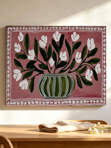 Spring floral canvas poster with white blossoms and green striped vase on pink background