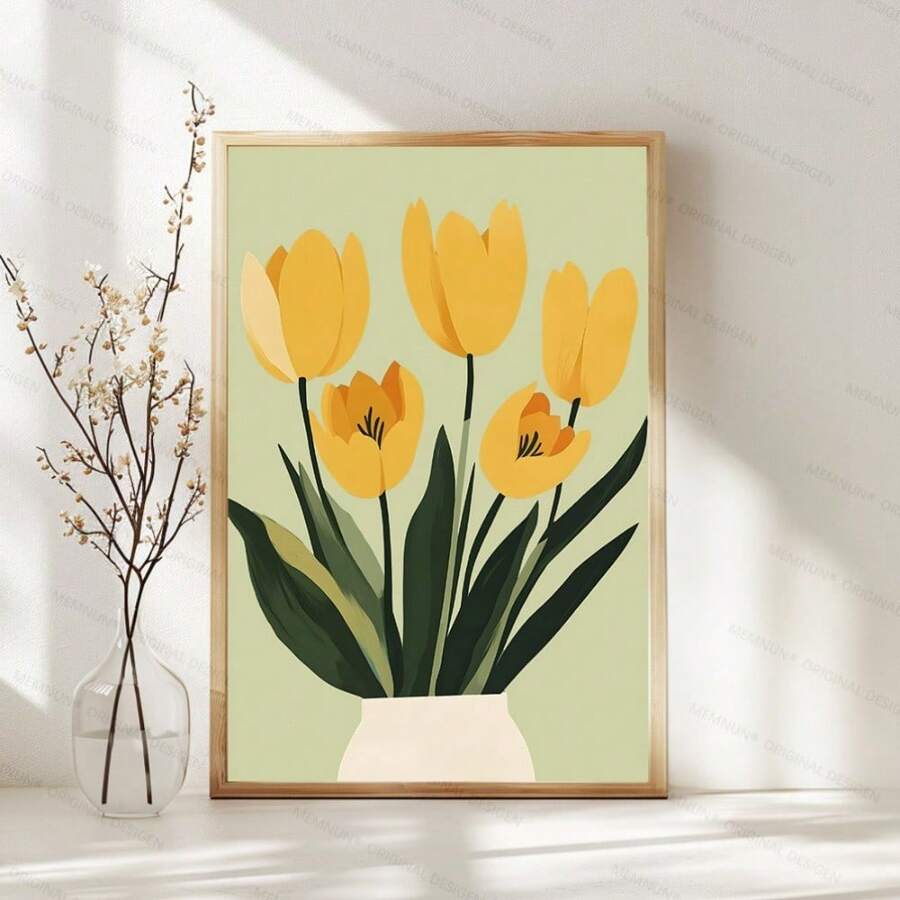 Minimalist yellow tulip botanical print in light wood frame on sunny shelf