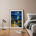 Blue landscape poster showing night sea harbor and expressive post impressionist brushstrokes