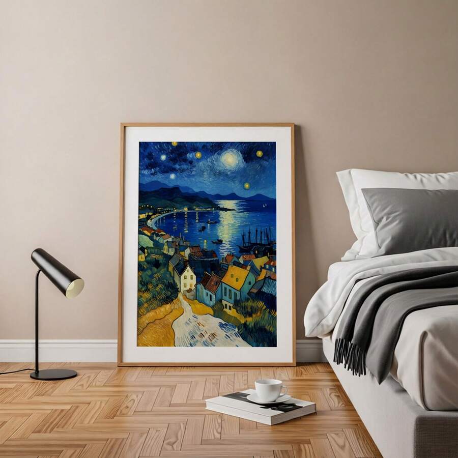 Blue landscape poster showing night sea harbor and expressive post impressionist brushstrokes