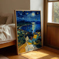 Starry night coastal village wall art with moonlit harbor boats and blue sky