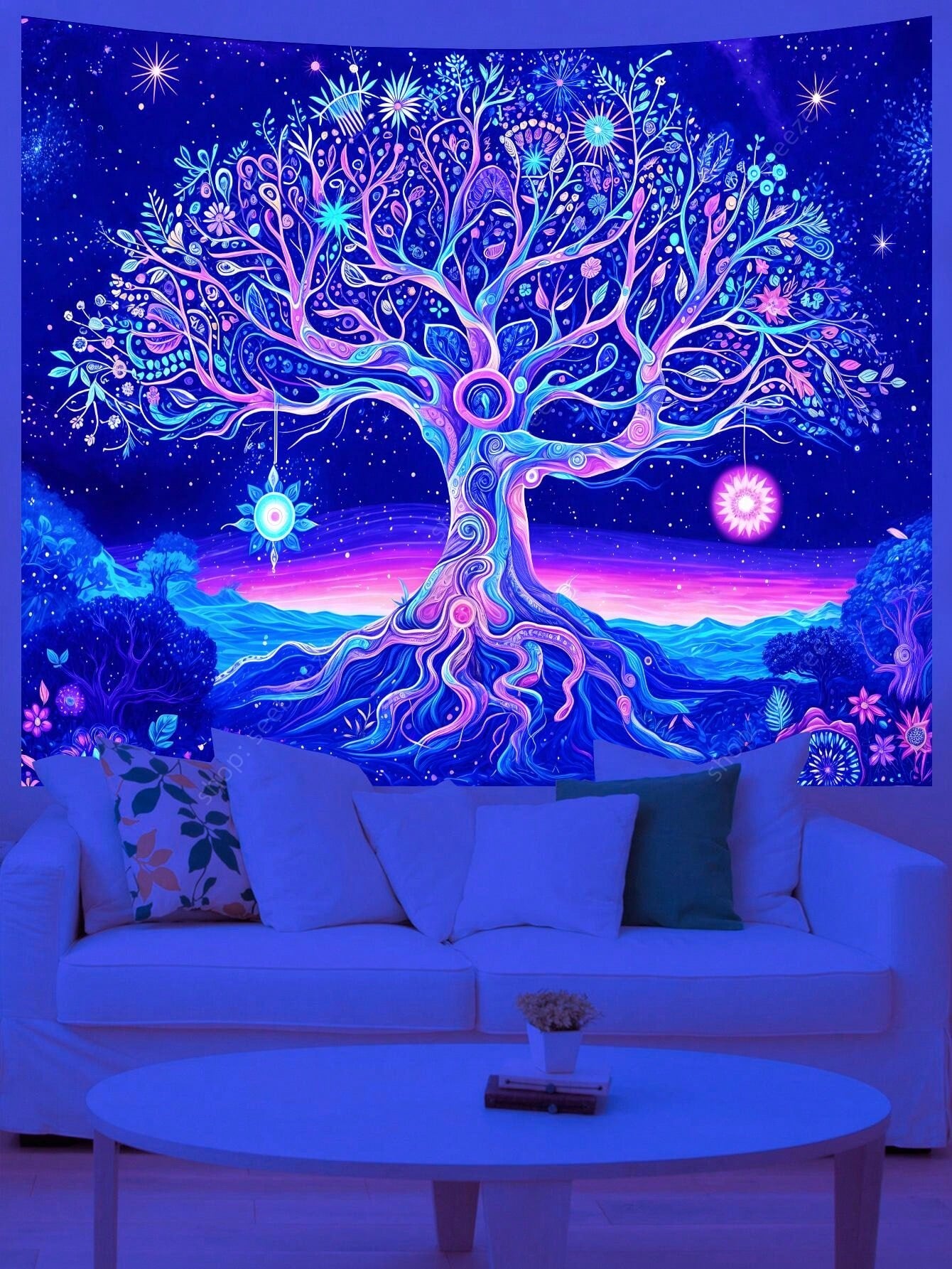 Transform any wall into a breathtaking statement with the Starry Night Tree of Life UV Reactive Tapestry. This stunning piece of aesthetic hippie home decor features intricate detailing and a reactive UV coating that glows in low light. Elevate your space with this unique and captivating tapestry.