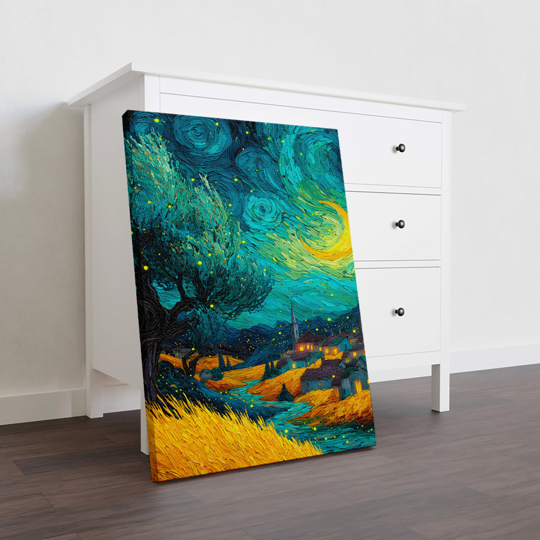 Elevate your interior design with this captivating canvas artwork showcasing a luminous village scene beneath a starlit sky. The sophisticated interplay of turquoise and gold creates visual warmth and depth, drawing viewers into the composition's narrative landscape.