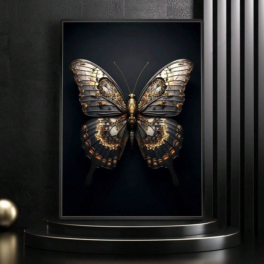 Transform your dining room with this striking steampunk butterfly canvas art. Featuring bold black and gold tones with intricate 3D metallic detailing, this modern luxury piece brings industrial elegance to any space. Crafted on premium canvas with waterproof protection, it's available framed or unframed to suit your décor style. The graphic animal pattern adds contemporary sophistication while the metallic accents catch light beautifully, creating depth and visual interest. Perfect for those seeking statem