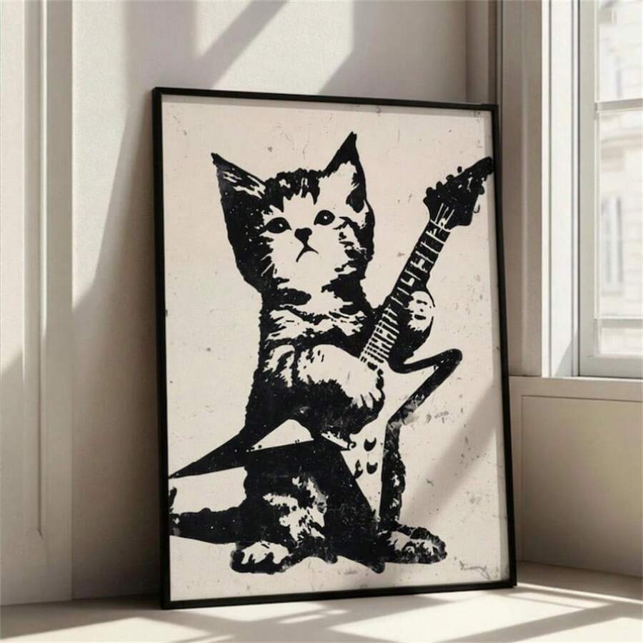 Punk guitar cat poster leaning by window