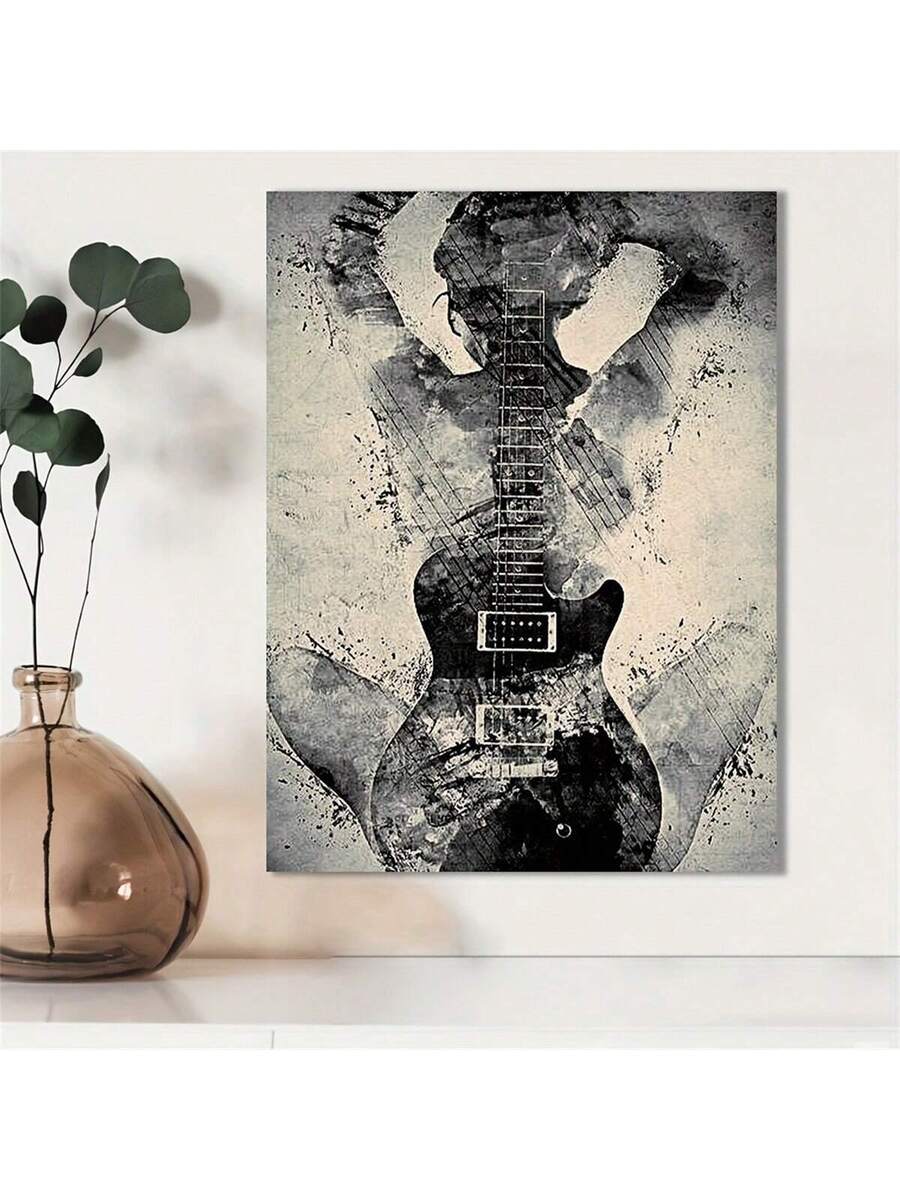 Capture the essence of musical passion with this striking ink painting featuring a dynamic guitar woman. This modern black and white canvas art brings contemporary elegance to any space, perfect for music enthusiasts and art lovers alike.