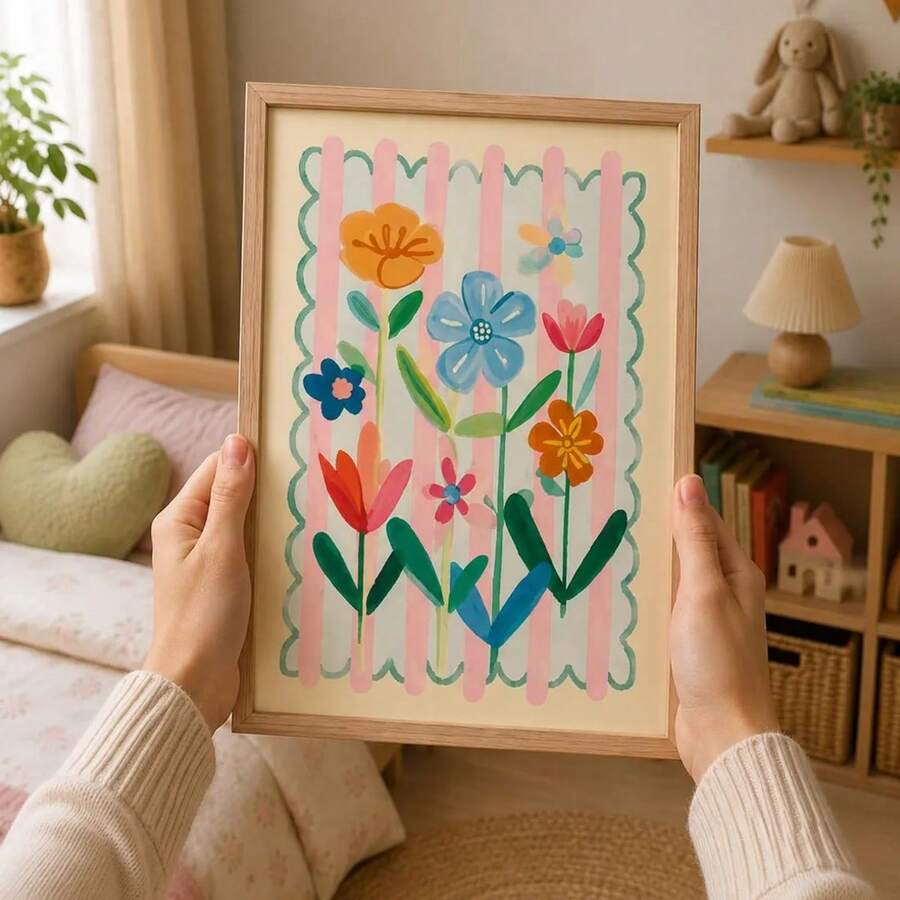 Hands holding framed pastel floral striped boho garden poster in bedroom