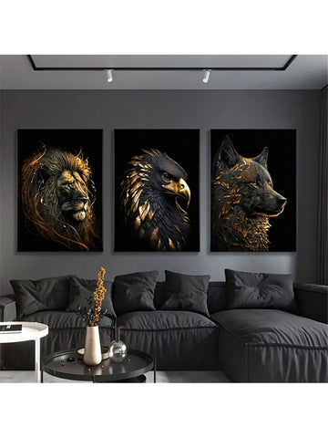 Elevate your space with this exquisite 3-piece canvas art set featuring majestic eagle, tiger, and lion designs in striking black and gold tones. Perfectly suited for both home and office environments, each piece captures the power and elegance of these iconic animals, adding a sophisticated and dynamic touch to your decor. Crafted with attention to detail, this set enhances any room with a bold yet refined aesthetic.