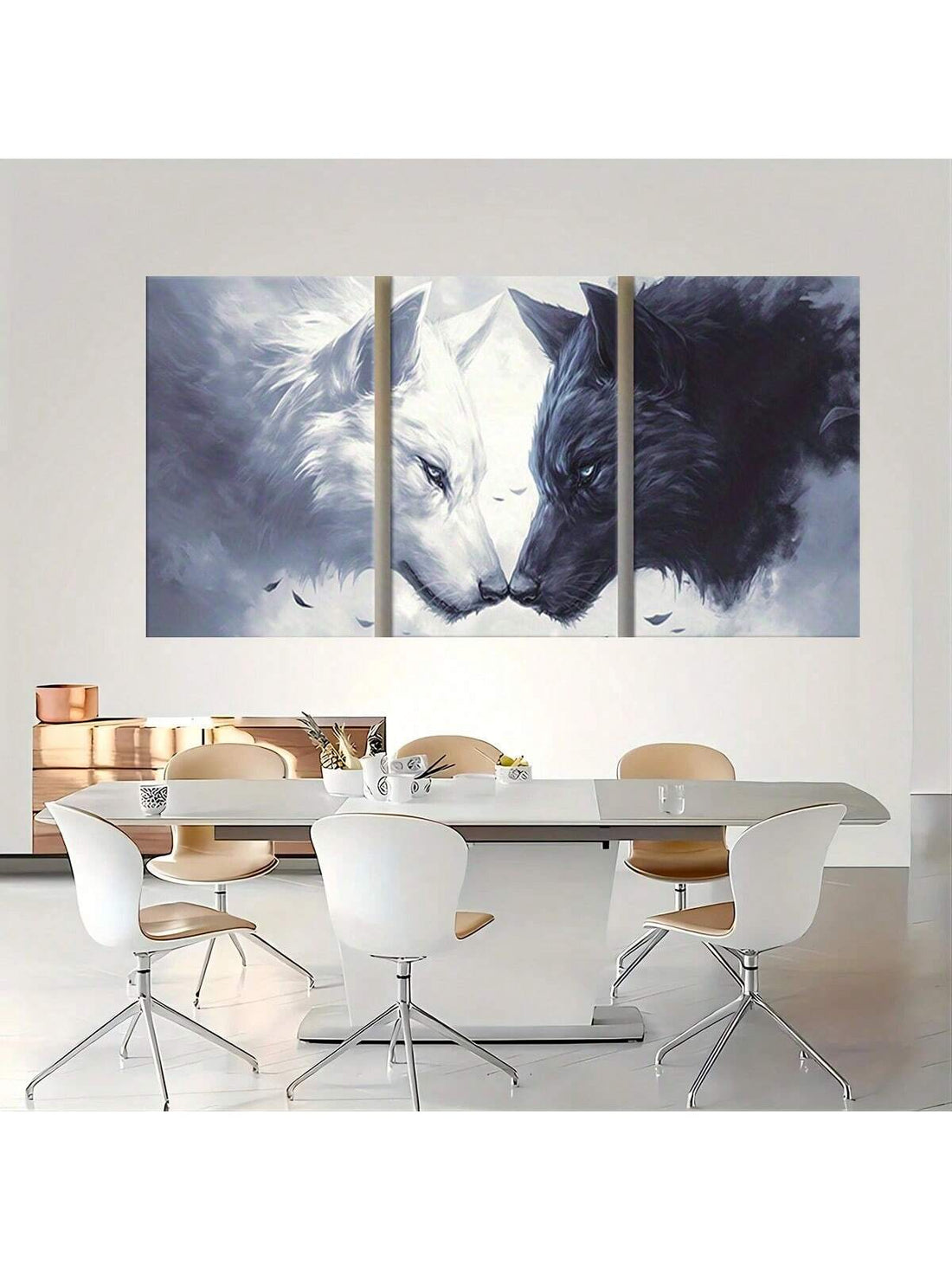Elevate your living space with this exquisite 3-piece frameless wolf canvas art set. Featuring abstract wildlife portraits, each piece captures the majestic essence of the wolf with refined artistry. Designed for seamless integration into elegant home decor, this set offers a sophisticated focal point that enhances any room’s ambiance with a modern, nature-inspired aesthetic.