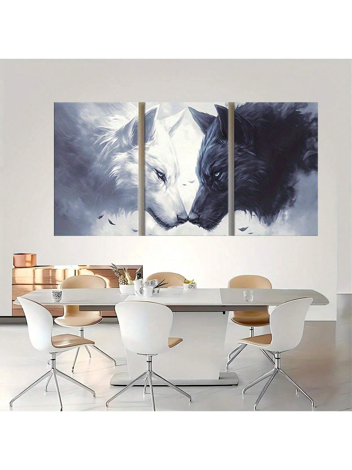 Elevate your living space with this exquisite 3-piece frameless wolf canvas art set. Featuring abstract wildlife portraits, each piece captures the majestic essence of the wolf with refined artistry. Designed for seamless integration into elegant home decor, this set offers a sophisticated focal point that enhances any room’s ambiance with a modern, nature-inspired aesthetic.