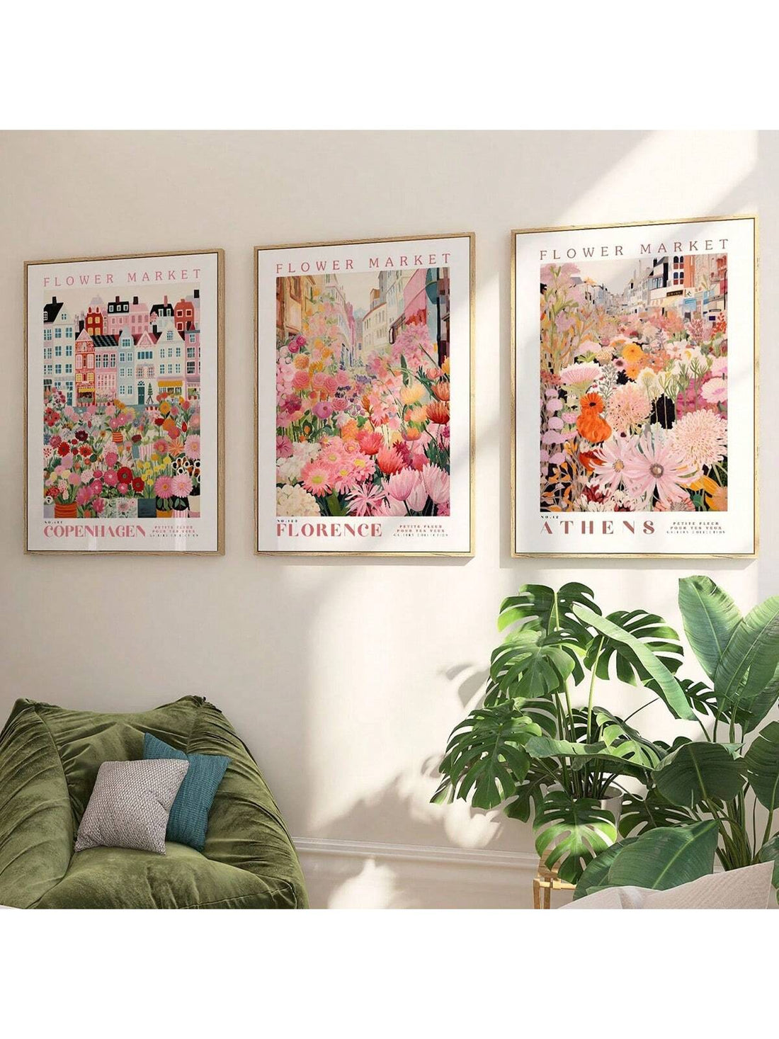 Transform your space with this elegant three-piece botanical poster collection, featuring vibrant flower market imagery that brings natural beauty indoors. 