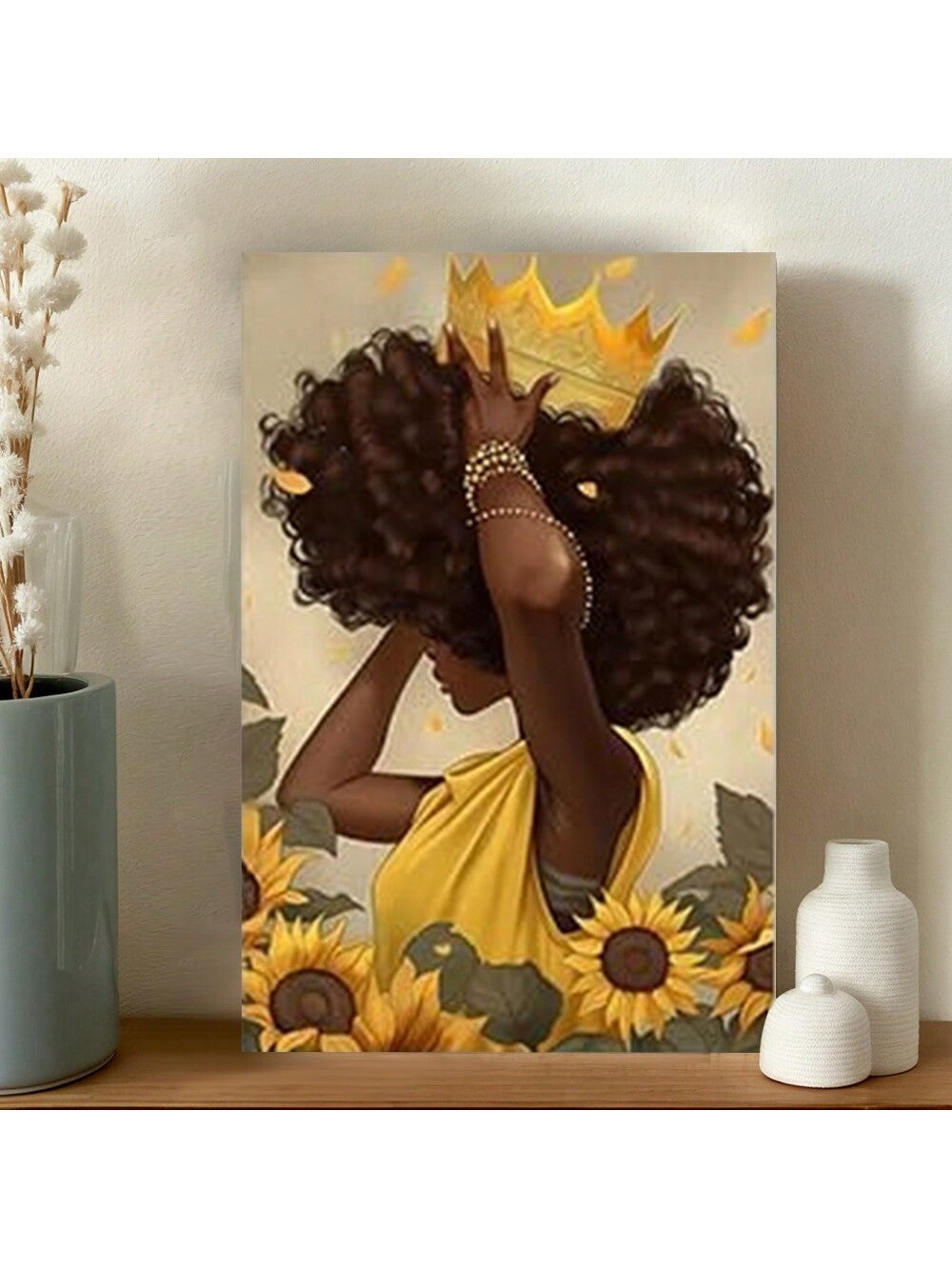 Elevate your bedroom ambiance with this Stunning Black Queen Canvas Wall Art, featuring a vibrant yellow sunflower portrait. This expertly crafted piece combines bold colors and elegant design to create a striking focal point that enhances any space. Perfect for adding warmth and sophistication, it celebrates beauty and strength while complementing modern decor styles. Durable and ready to hang, this canvas art transforms your room with effortless style.