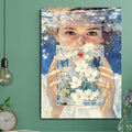 This exquisite oil painting captures a serene moment of a girl surrounded by ocean waves and delicate flowers, rendered in rich, expressive brushstrokes