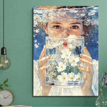 This exquisite oil painting captures a serene moment of a girl surrounded by ocean waves and delicate flowers, rendered in rich, expressive brushstrokes
