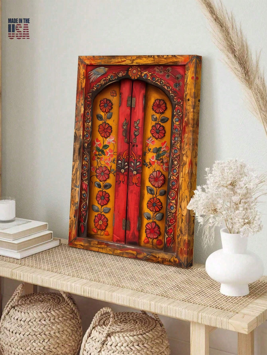 Add a touch of elegance to your home decor with our stunning Indian Doors Wall Art. This framed canvas painting showcases intricate designs and vibrant colors, creating a stunning visual appeal. Elevate your space with this exquisite piece of art that will surely impress any guest.