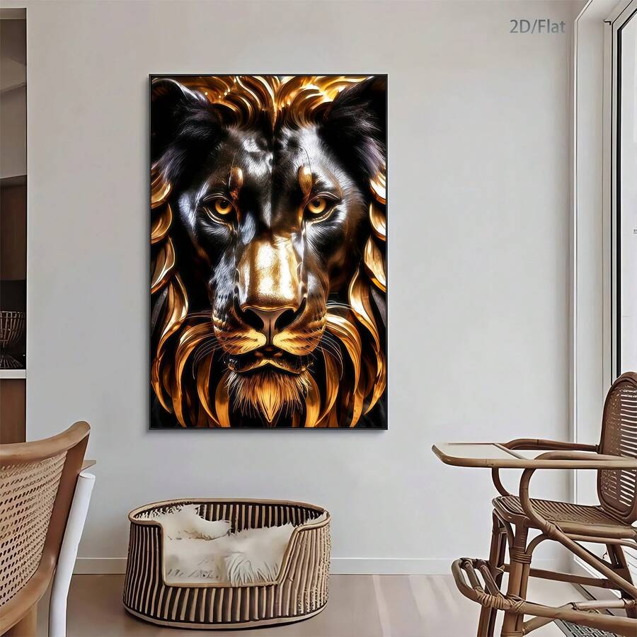 Elevate your space with this striking modern lion canvas art, featuring bold black and gold tones that command attention. Perfect for contemporary interiors, this unframed hanging painting brings sophistication and wildlife elegance to any room. Crafted on durable canvas with waterproof properties, it's designed to maintain its stunning appearance for years. The graphic animal pattern showcases artistic flair while remaining versatile enough to complement various decor styles. Ideal for living rooms, bedroo