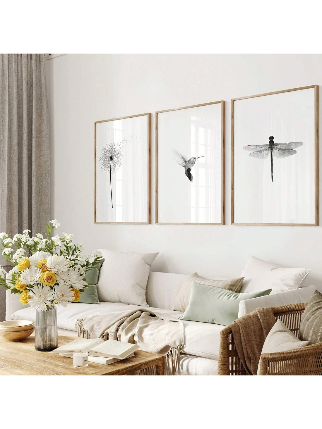 Elevate your space with this stylish 3-piece set featuring modern minimalist animal art prints. Showcasing delicate dandelion seeds, a graceful hummingbird, and an elegant dragonfly, these prints bring a serene and sophisticated touch to any home or office. Designed to complement contemporary decor, each piece highlights clean lines and subtle detail, enhancing your environment with natural beauty and calm refinement.