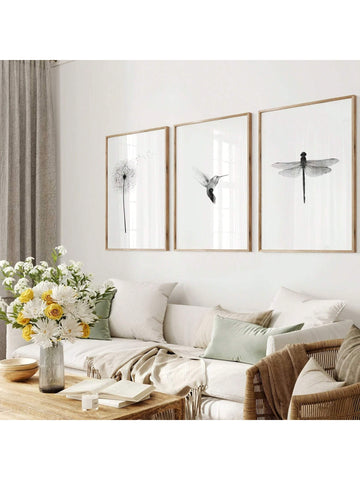 Elevate your space with this stylish 3-piece set featuring modern minimalist animal art prints. Showcasing delicate dandelion seeds, a graceful hummingbird, and an elegant dragonfly, these prints bring a serene and sophisticated touch to any home or office. Designed to complement contemporary decor, each piece highlights clean lines and subtle detail, enhancing your environment with natural beauty and calm refinement.