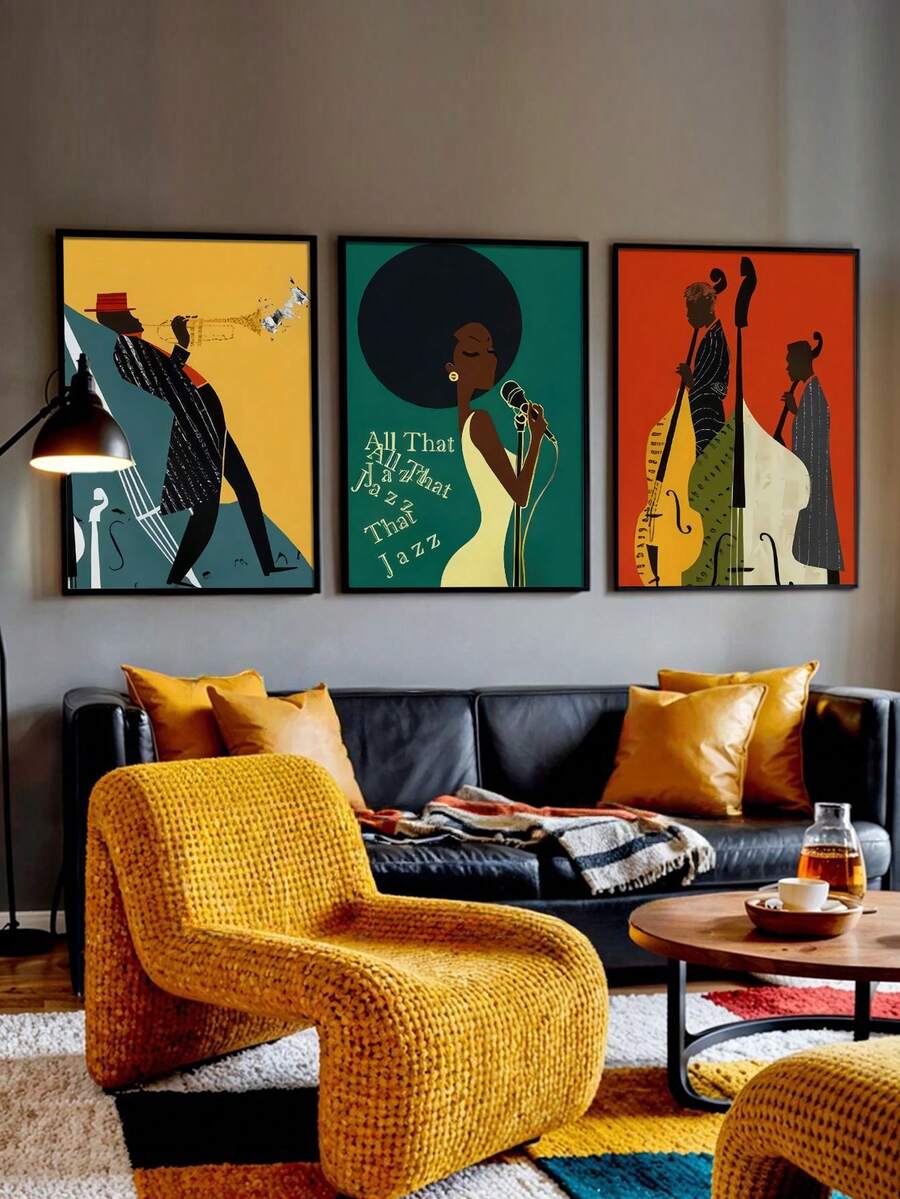 Transform your space with this stunning 3-piece unframed canvas set featuring vintage African musician art. Each print celebrates the rich heritage of jazz and African culture through expressive figure artwork rendered in vibrant multicolor tones. Perfect for living rooms, bedrooms, home offices, or any room seeking character and cultural depth, these canvas pieces bring warmth and sophistication to your décor.&nbsp;