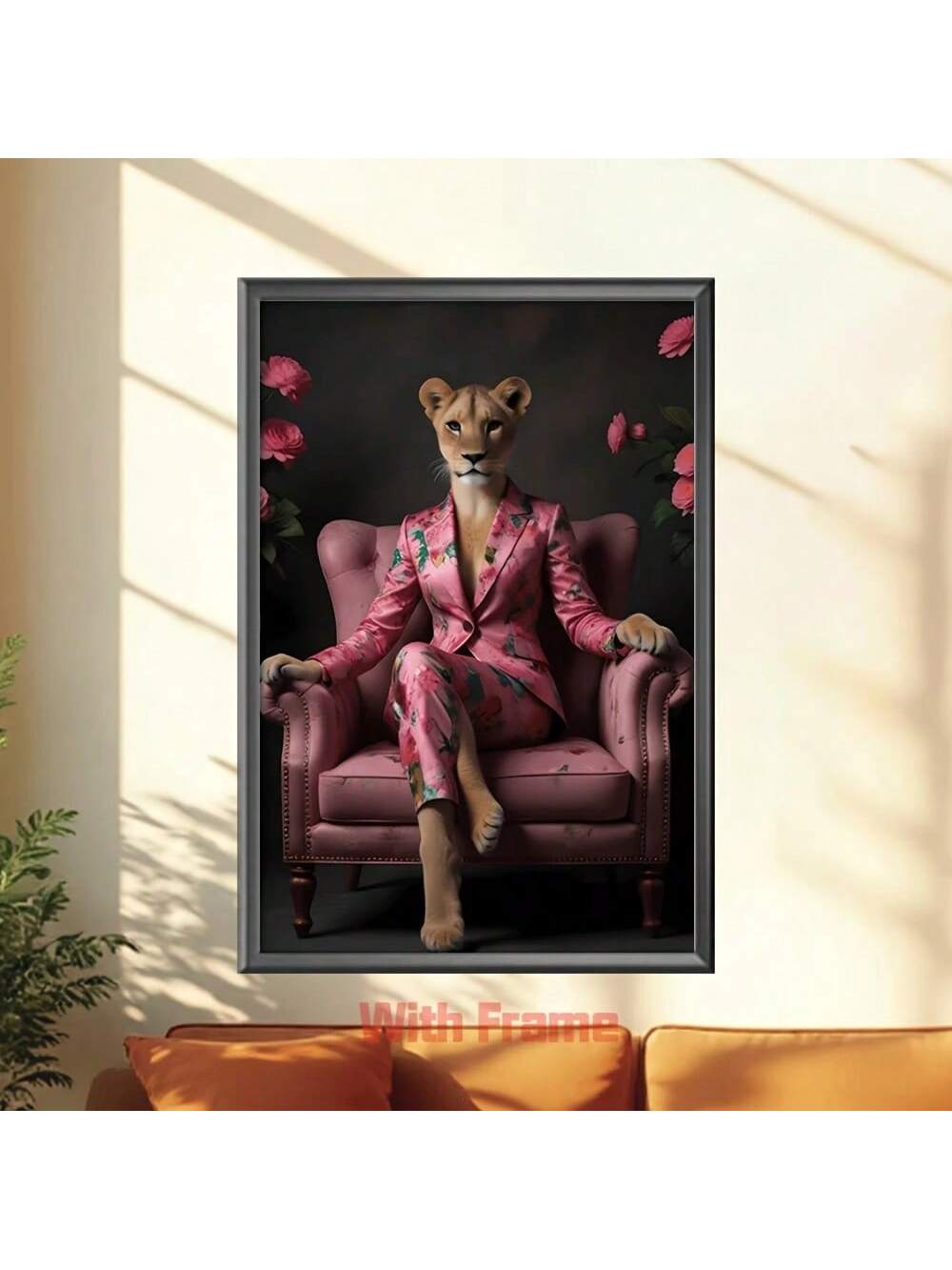 Elevate your space with this Stylish Framed Lion Wall Art featuring a lion dressed in a striking pink suit. Perfect for modern home or office decor, this unique piece adds a bold, artistic statement while showcasing refined taste. Its vibrant colors and sleek framing make it an exceptional gift choice for art enthusiasts seeking distinctive and contemporary design.