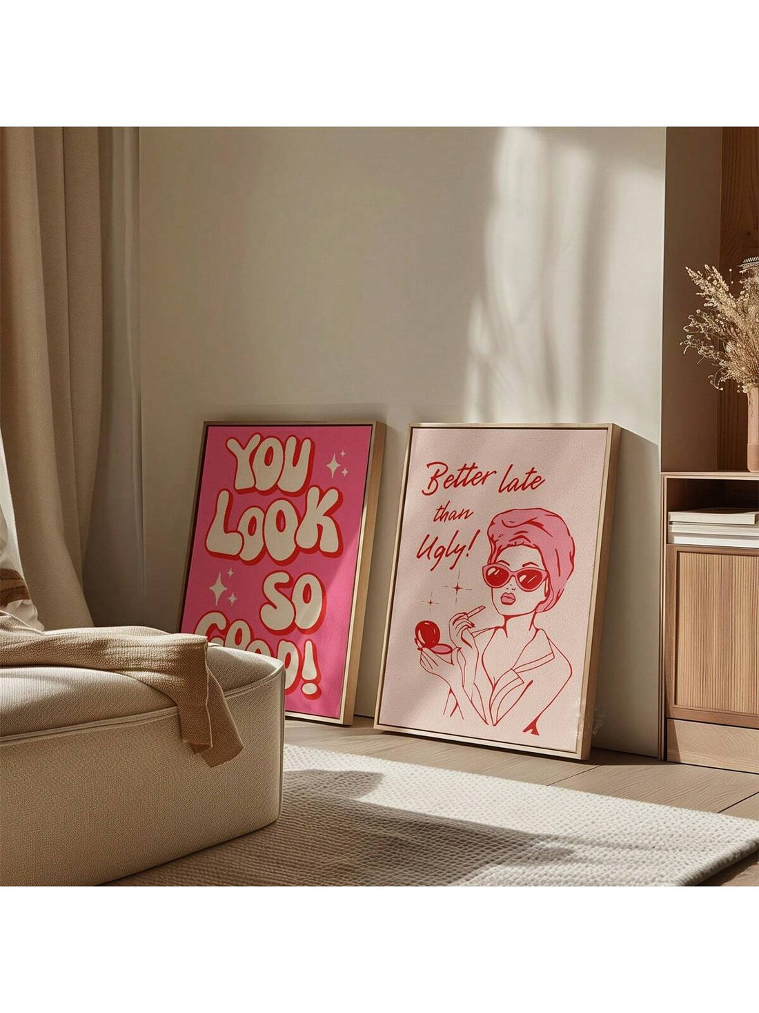 Enhance any room's style with this chic, frameless Art Deco canvas poster featuring the motivational phrase "Better Late Than Ugly." Its modern design adds sophistication to any space, inspiring you to embrace your unique beauty and embrace life's delays.