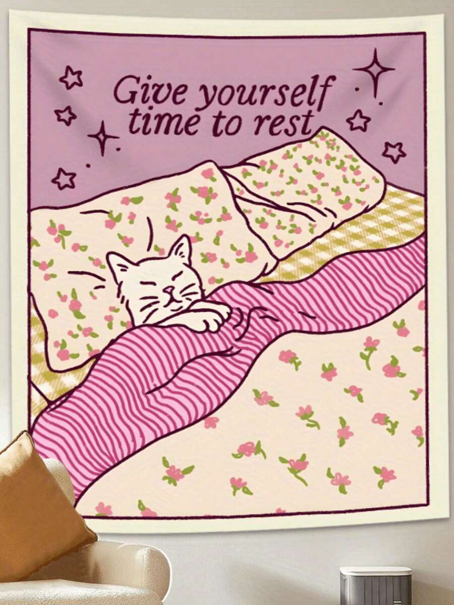 Pink cat tapestry with Give yourself time to rest quote
