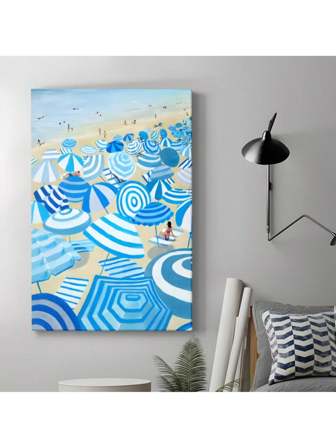 Add a touch of coastal elegance to your home with our Stylish Striped Coastal Beach Umbrellas wall art. Featuring a framed canvas design, this piece is perfect for elevating the decor of your bedroom or living room. Enjoy the calming and stylish vibes of this unique and high-quality artwork.