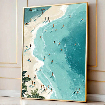 Aerial turquoise beach canvas print with swimmers and sandy shore