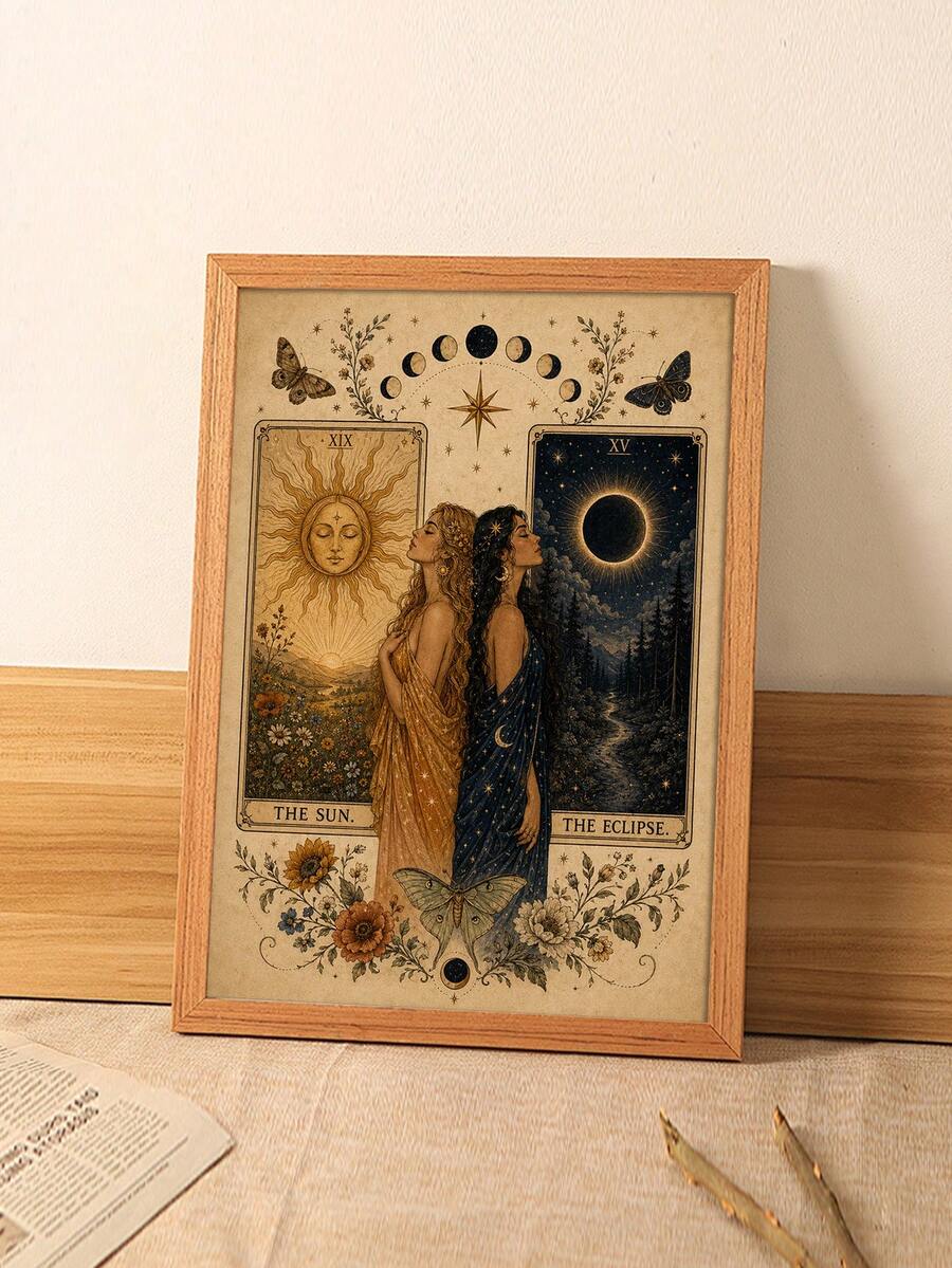 Framed celestial tarot poster with sun and eclipse cards on a wood surface