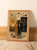 Framed celestial tarot poster with sun and eclipse cards on a wood surface