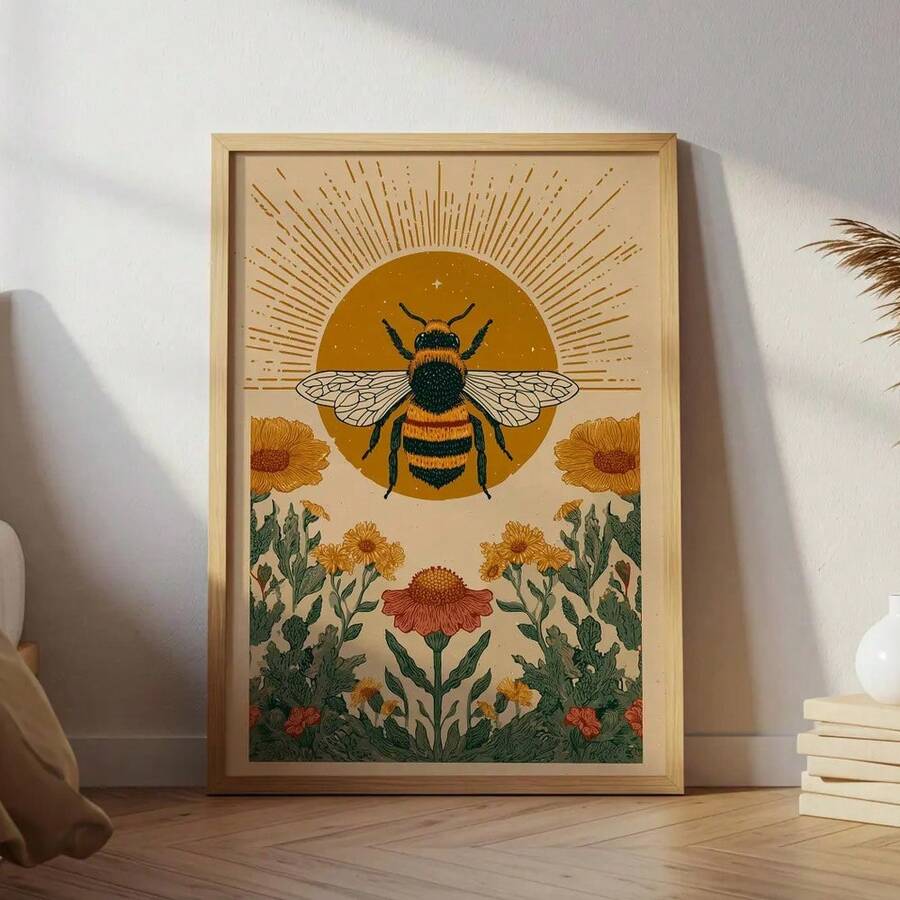 Sun floral bee wall art with golden sunburst