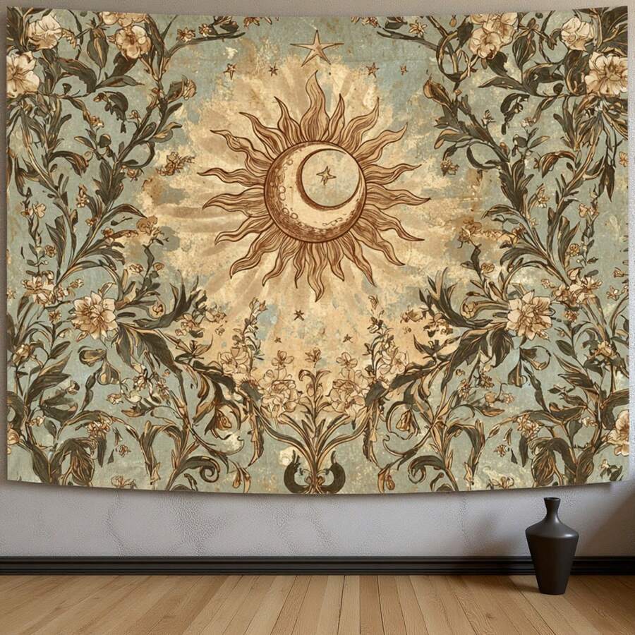 Sun moon vintage tapestry with floral vines and stars