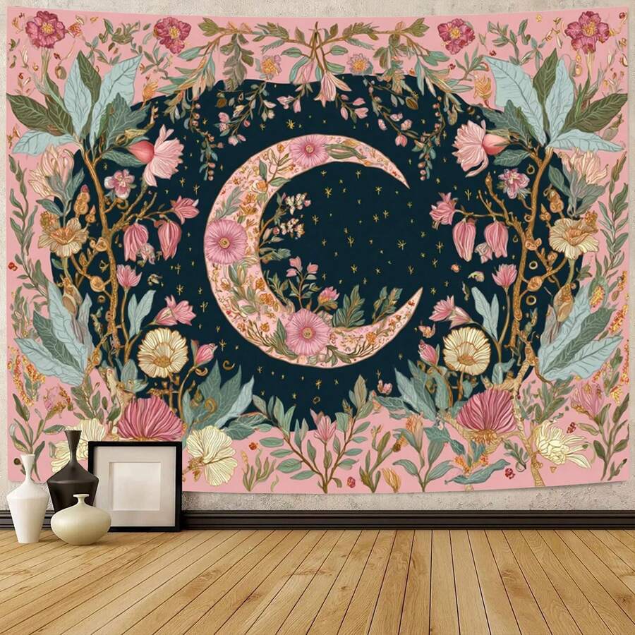 Sun moon pink floral tapestry with crescent moon and stars