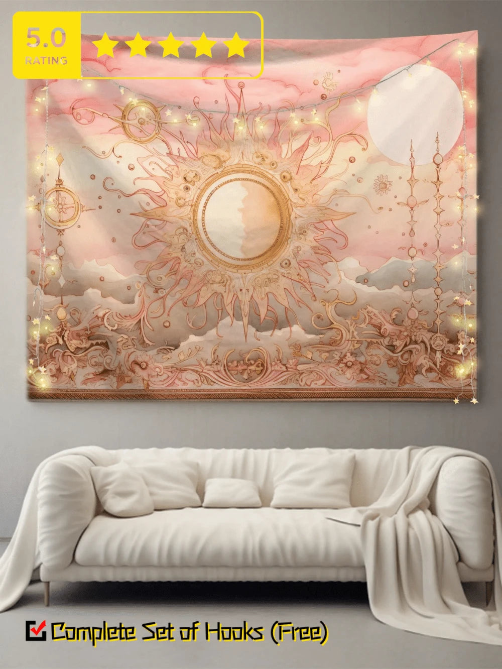 Celestial sun wall tapestry above sofa with blush pink sky and ornate details