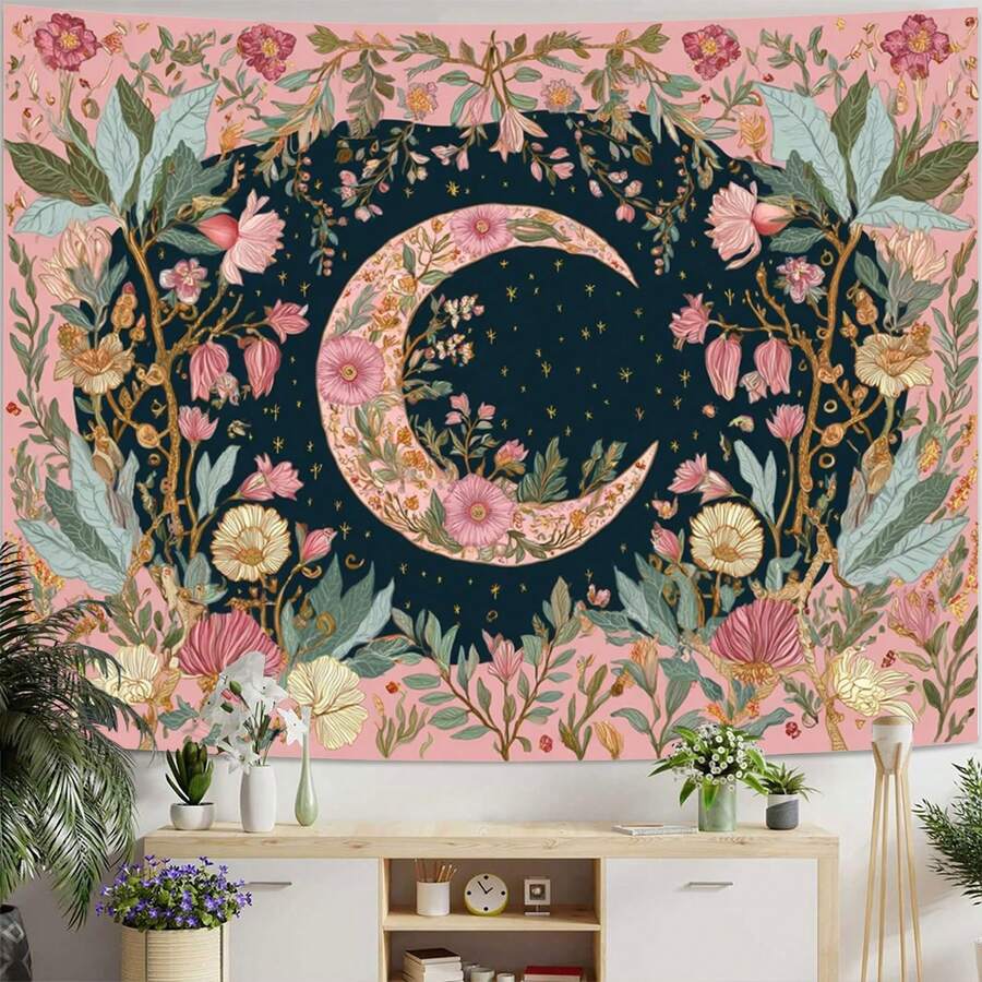 Sun and moon vintage tapestry above cabinet with plants