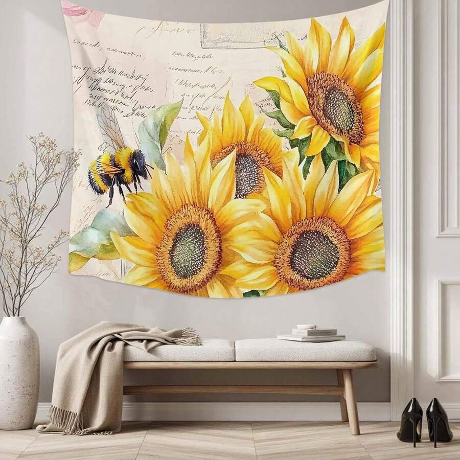 Sunflower bee tapestry with vintage script background