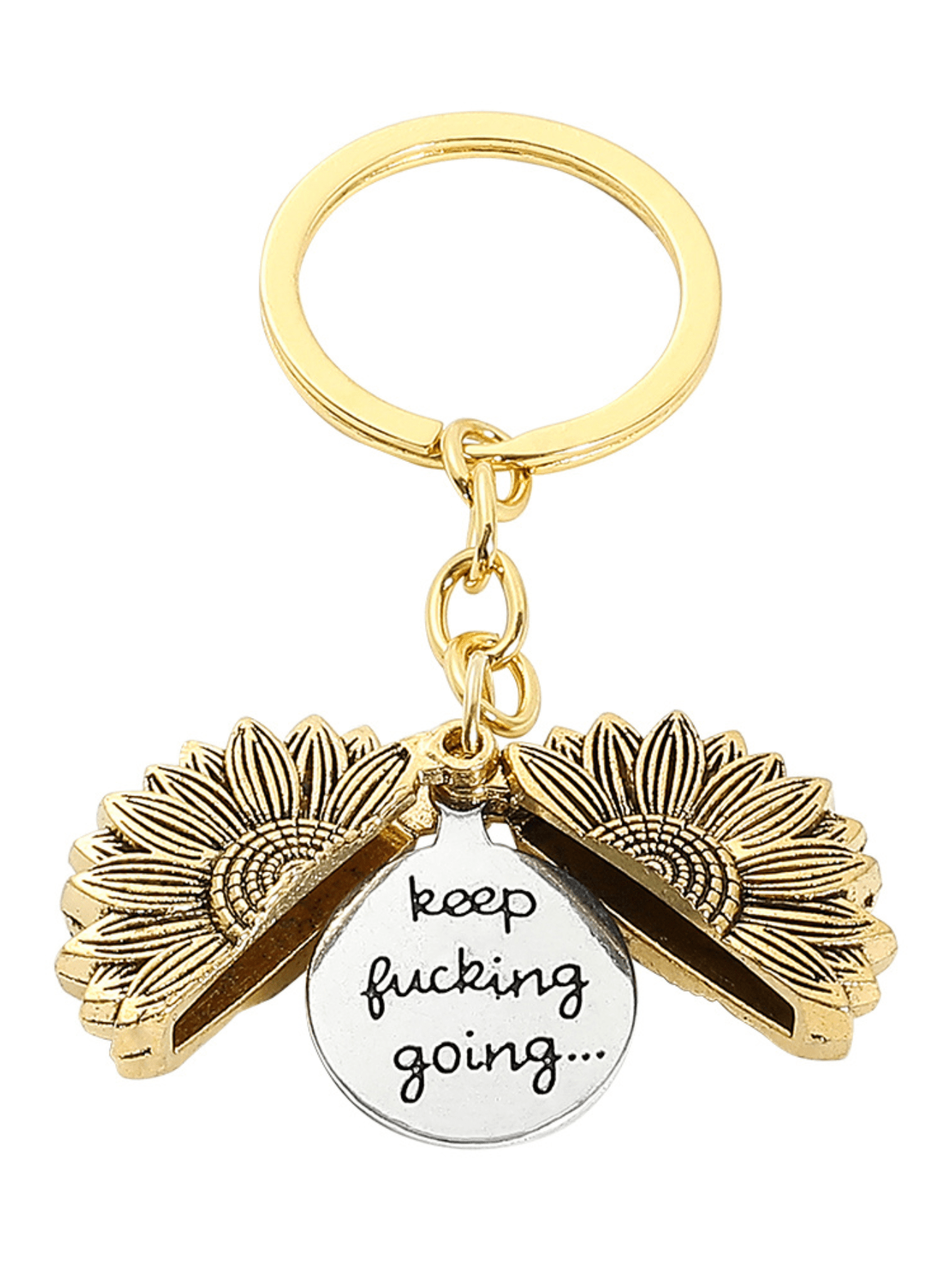 This Sunflower Serenity Keychain features a Bohemian openable design with an inspirational message. Celebrate serenity with a touch of boho style on the go. Crafted with intricate details, this keychain is sure to charm and inspire.