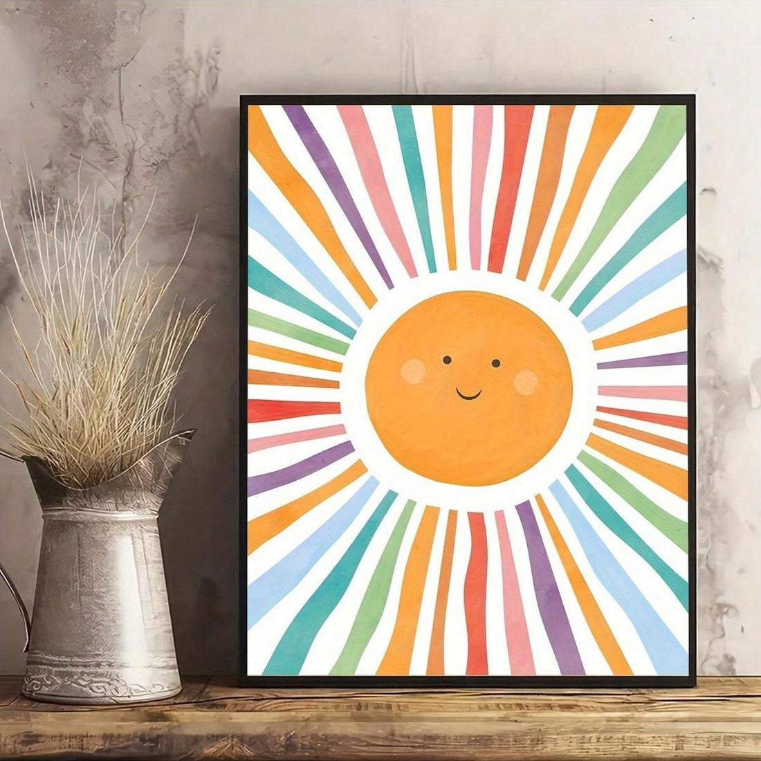 Add a playful touch to your nursery with Sunlit Dreams: Watercolor Sun Wall Art. This professionally crafted piece features a vibrant sun design, perfect for creating a warm and inviting atmosphere. Made with high-quality materials, it is a charming addition to any child's room.