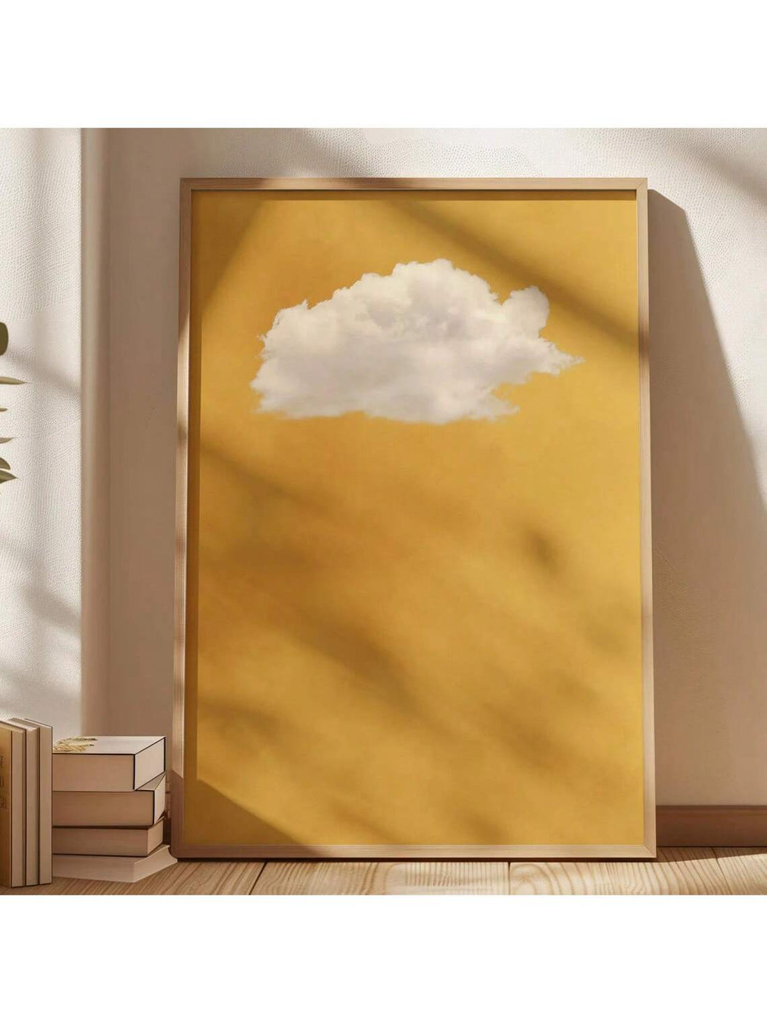 This striking abstract canvas print captures the essence of minimalist design with its soft, vintage-inspired cloud motifs rendered in warm sunny yellow tones.