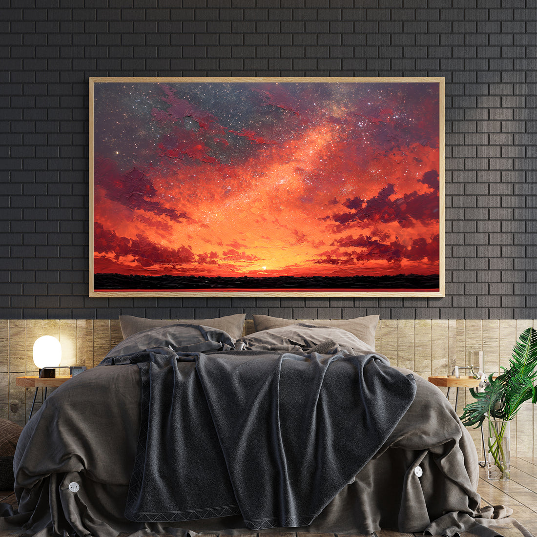 Transform your space with this captivating canvas wall art featuring a mesmerizing blend of warm orange and red hues against a starry night sky. The dynamic landscape composition creates visual depth and movement, making it an ideal focal point for living rooms, bedrooms, or above sofas. This professionally rendered sunset scene brings warmth and sophistication to any interior, while the celestial elements add an artistic, contemplative quality.