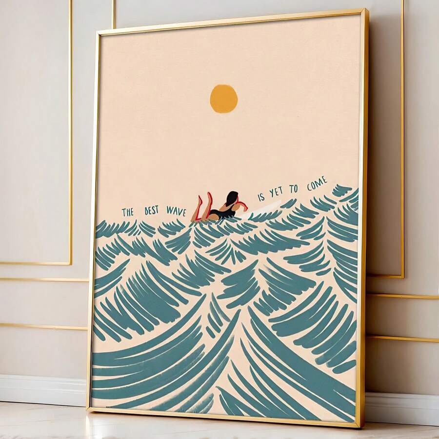 Gold-framed surfing girl ocean wave canvas poster against a paneled wall
