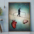 Surreal framed print of tightrope walker balancing heart and brain under teal starry sky in room