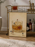 Surreal whiskey cocktail canvas poster with miniature golfers beside a brass bar cart