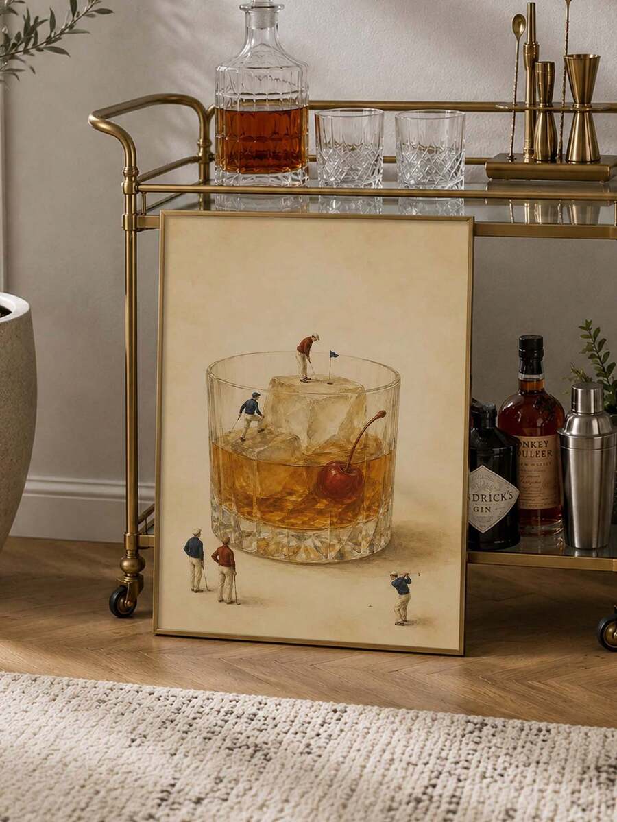 Surreal whiskey cocktail canvas poster with miniature golfers beside a brass bar cart